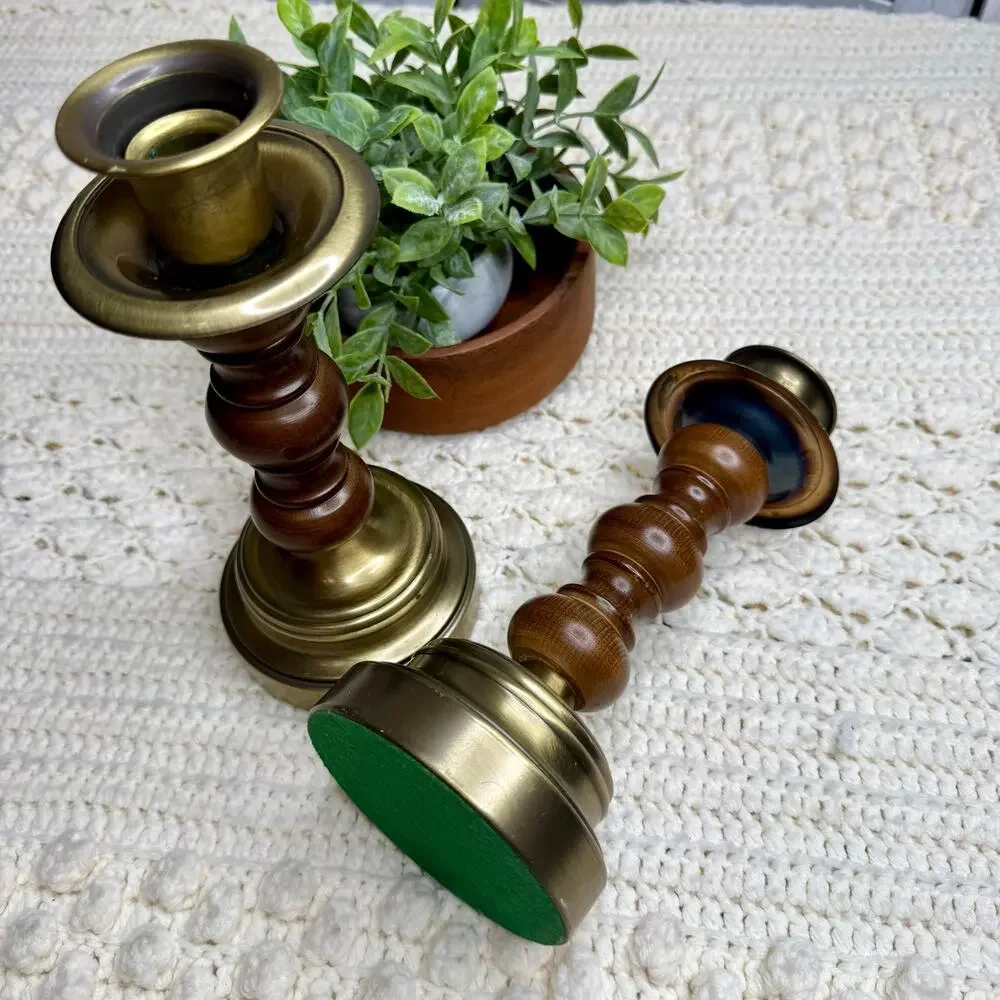 Vintage Mid Century Brass and Wood Candlestick Holders Set of Two Heavy